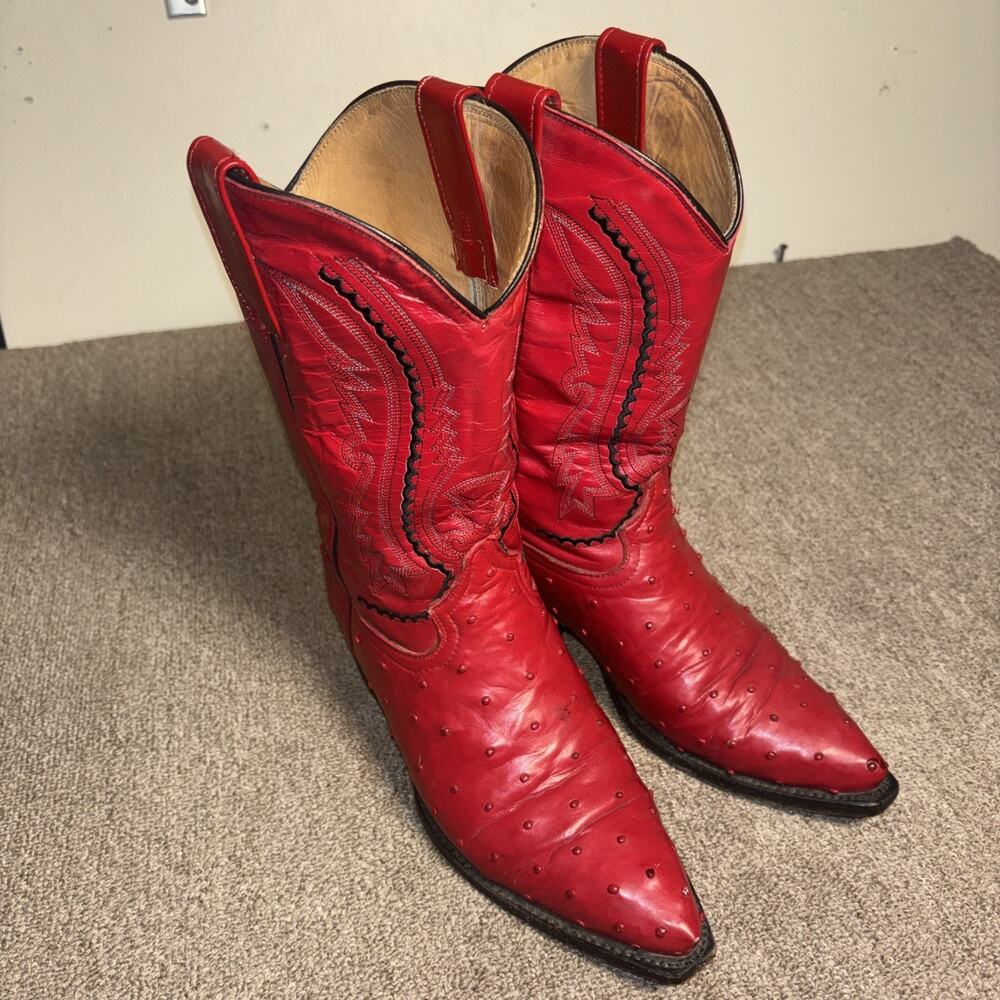 Leyenda Men’s Half Calf 92343 Ostrich Cowboy Boots Red Leather 7.5 Clean